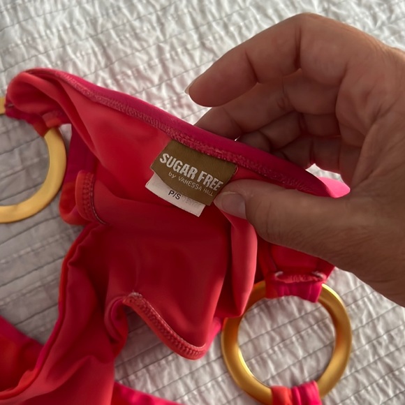 Sugar free swim bikini by Vanessa hall pink orange stripe strapless gold accent - Picture 6 of 9